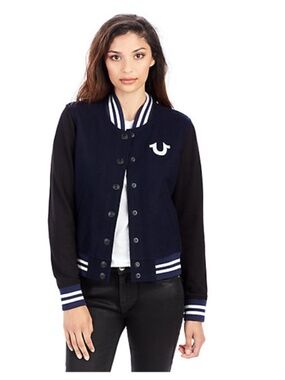 True Religion Navy and Black Bomber Varsity Jacket